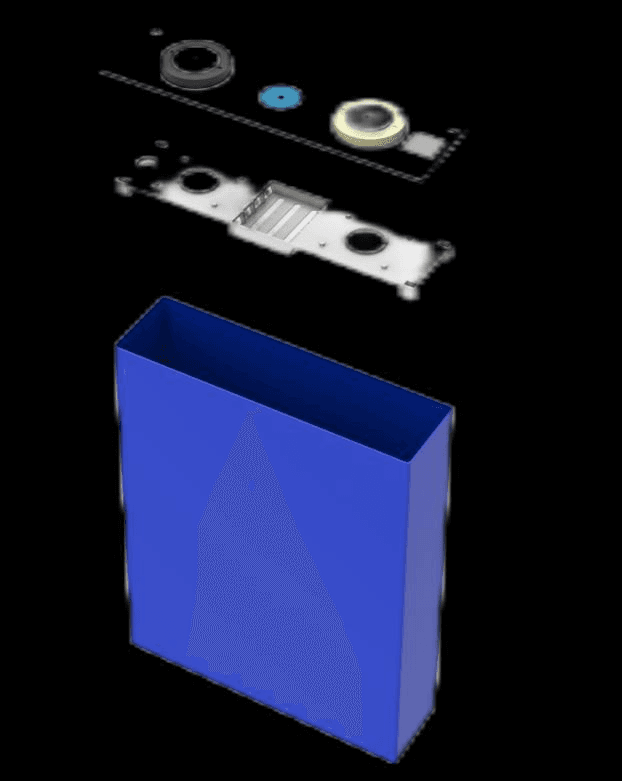 Exploded view of the 3.2 V 60 Ah 10C LiFePO4 prismatic cell showing the pressure relief valve and top cap assembly