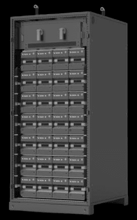 Vision 800 V HVDC battery cabinet with the door open, showing 24 hot-swappable 25 kW modules stacked in the rack